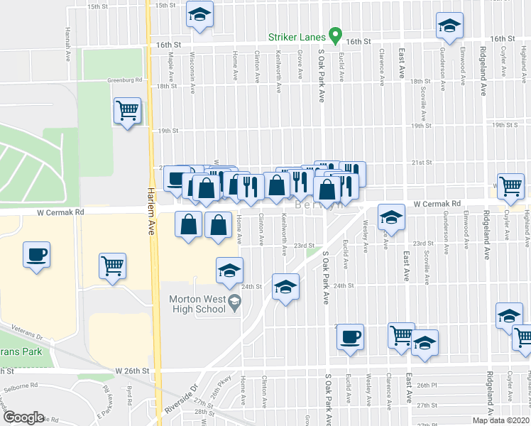 map of restaurants, bars, coffee shops, grocery stores, and more near 6913 Cermak Road in Berwyn