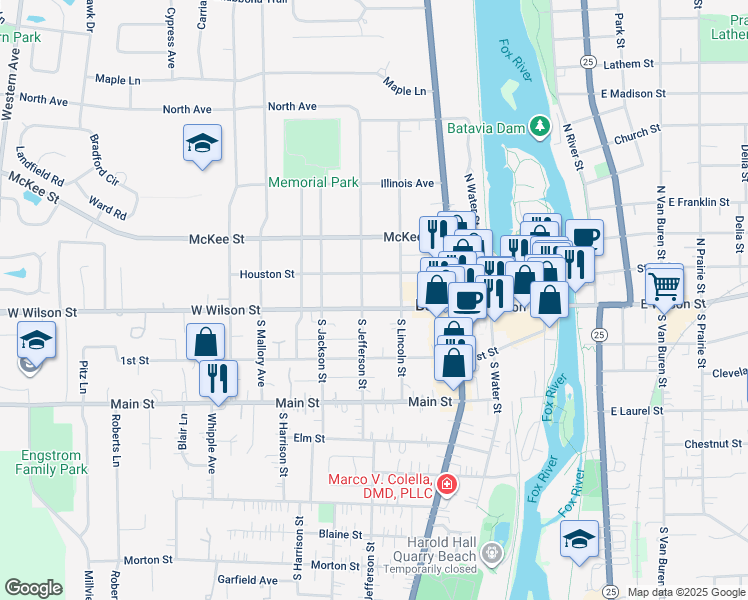 map of restaurants, bars, coffee shops, grocery stores, and more near 429 West Wilson Street in Batavia