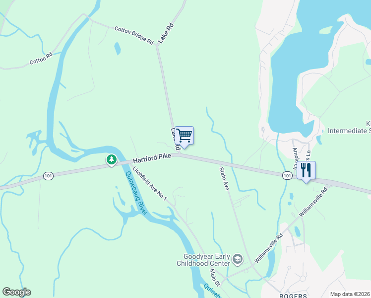 map of restaurants, bars, coffee shops, grocery stores, and more near 58 Hartford Pike in Killingly