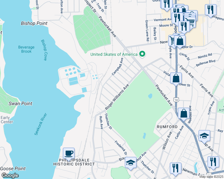 map of restaurants, bars, coffee shops, grocery stores, and more near 27 Island Avenue in East Providence