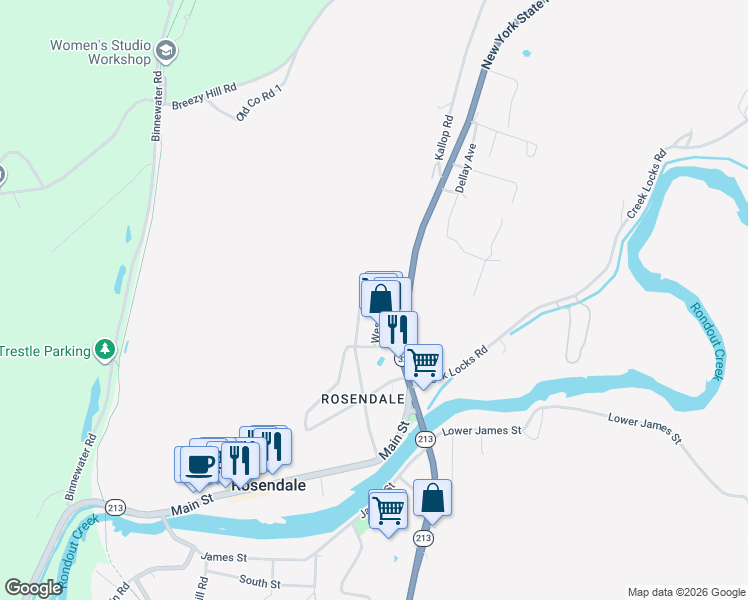 map of restaurants, bars, coffee shops, grocery stores, and more near 1167 New York 32 in Rosendale