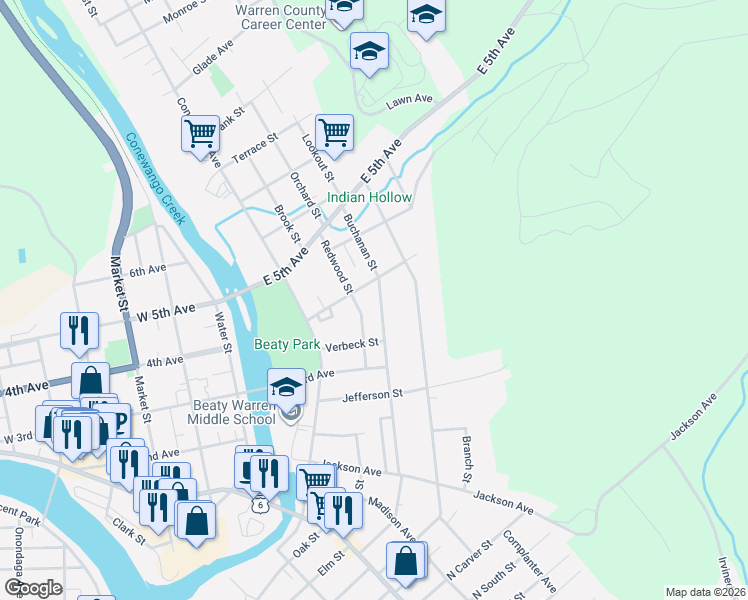 map of restaurants, bars, coffee shops, grocery stores, and more near 376 Buchanan Street in Warren