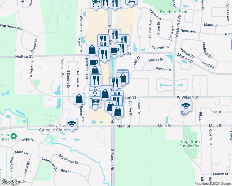 map of restaurants, bars, coffee shops, grocery stores, and more near 1905 W Wilson St in Batavia