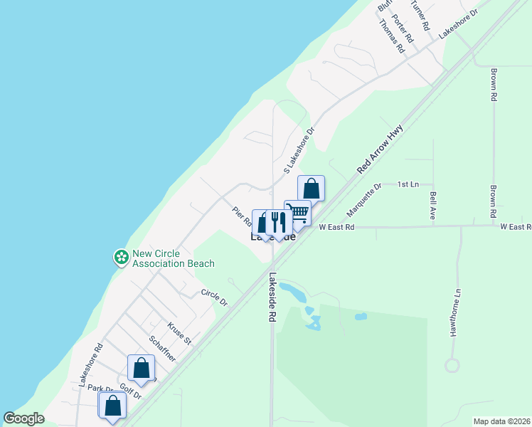 map of restaurants, bars, coffee shops, grocery stores, and more near 14874 Lakeside Road in Lakeside