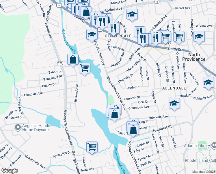 map of restaurants, bars, coffee shops, grocery stores, and more near 494 Woonasquatucket Avenue in North Providence