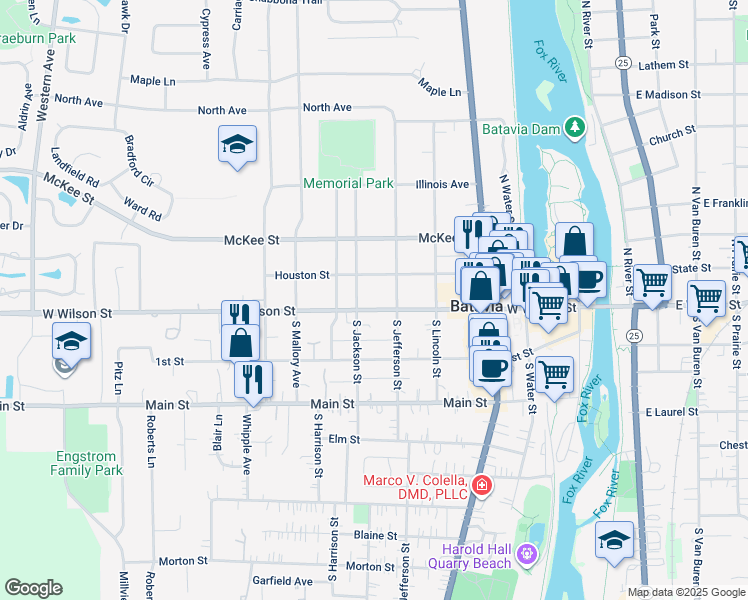 map of restaurants, bars, coffee shops, grocery stores, and more near 523 W Wilson St in Batavia