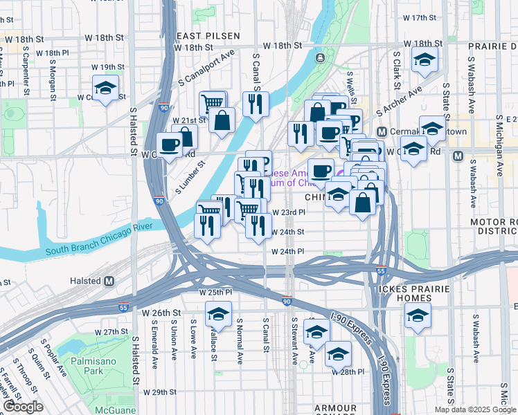 map of restaurants, bars, coffee shops, grocery stores, and more near 2322 South Canal Street in Chicago