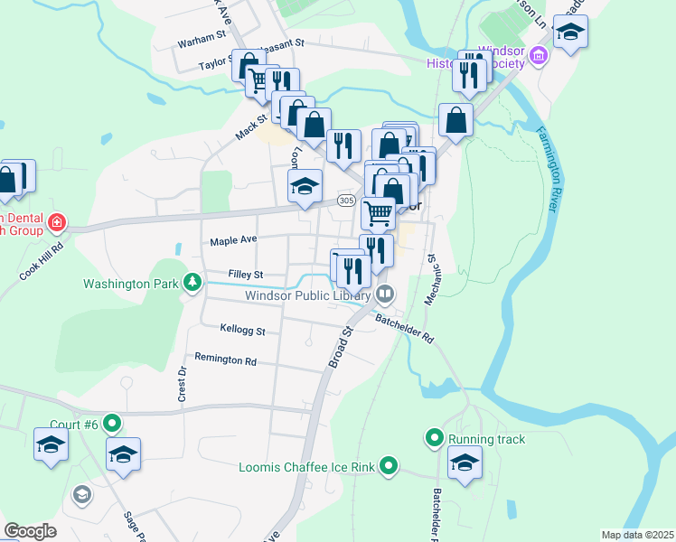 map of restaurants, bars, coffee shops, grocery stores, and more near 43 Elm Street in Windsor