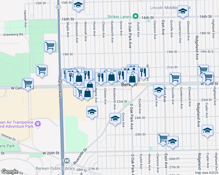 map of restaurants, bars, coffee shops, grocery stores, and more near 6913 Cermak Road in Berwyn