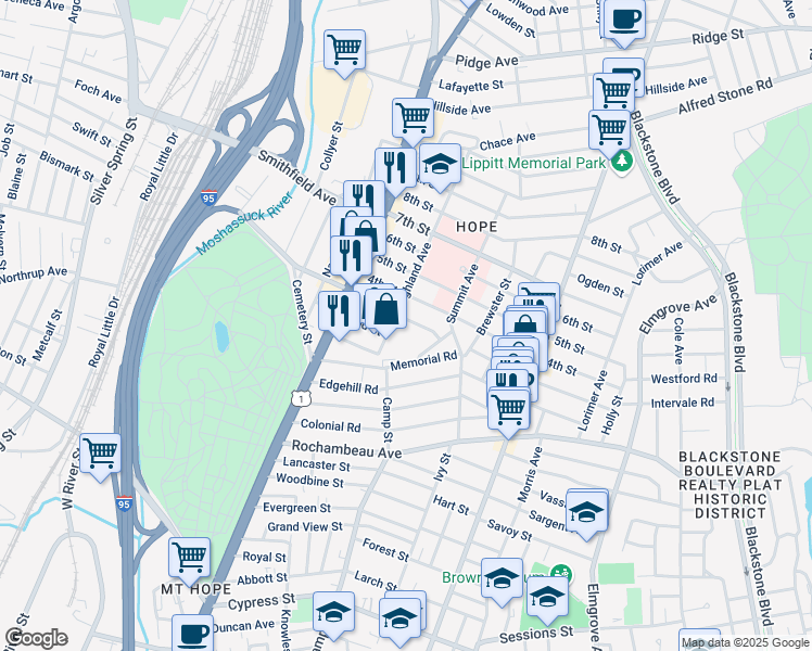 map of restaurants, bars, coffee shops, grocery stores, and more near 65 3rd Street in Providence