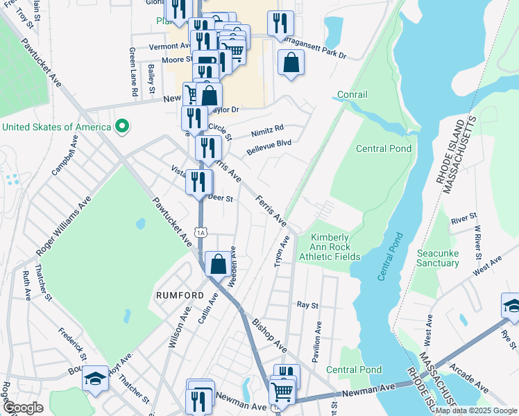 map of restaurants, bars, coffee shops, grocery stores, and more near 272 Ferris Avenue in East Providence