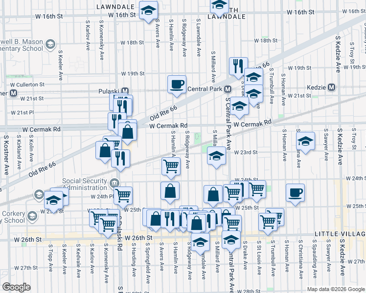 map of restaurants, bars, coffee shops, grocery stores, and more near 2280 South Lawndale Avenue in Chicago