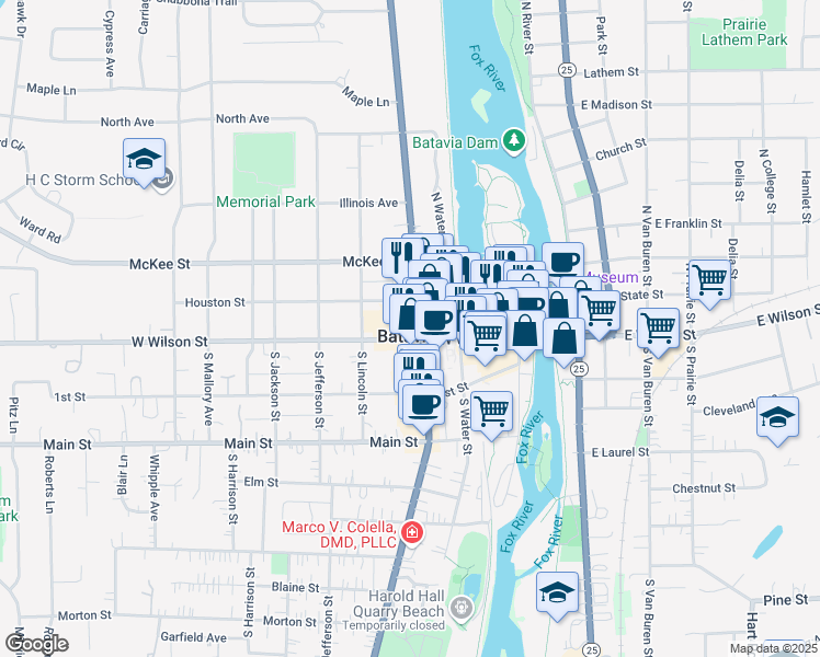 map of restaurants, bars, coffee shops, grocery stores, and more near in Batavia