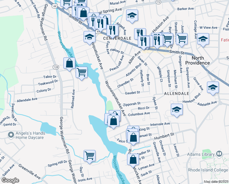 map of restaurants, bars, coffee shops, grocery stores, and more near 459 Woonasquatucket Avenue in North Providence