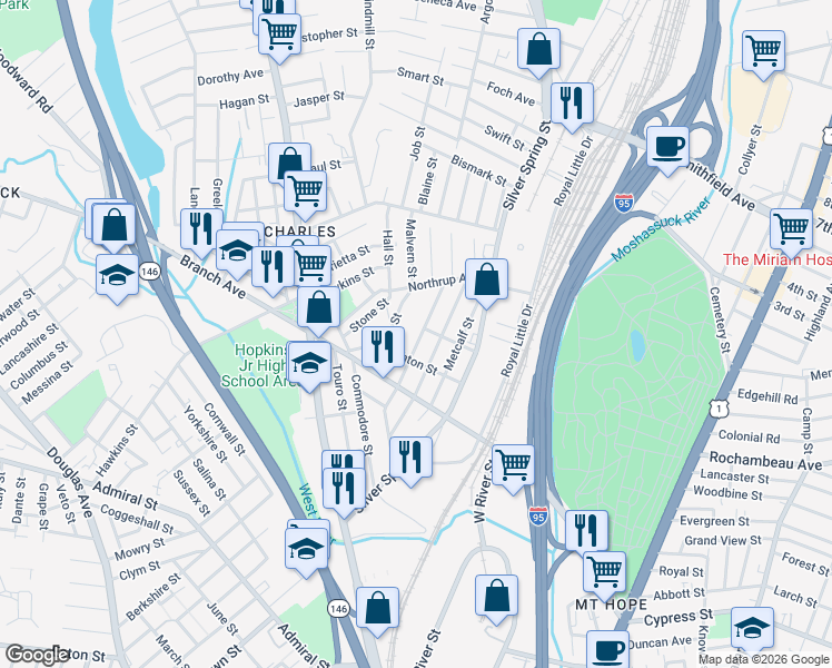 map of restaurants, bars, coffee shops, grocery stores, and more near 65 Ashton Street in Providence