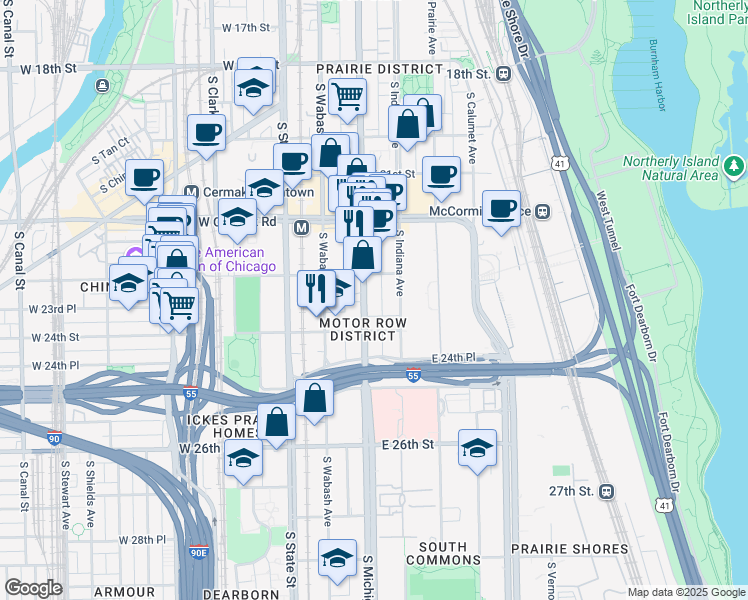 map of restaurants, bars, coffee shops, grocery stores, and more near 2325 South Michigan Avenue in Chicago