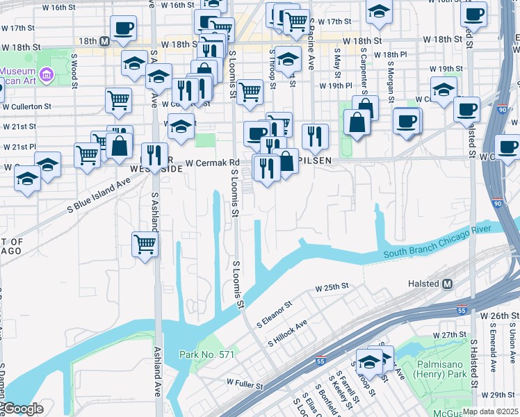 map of restaurants, bars, coffee shops, grocery stores, and more near 2241 South Loomis Street in Chicago