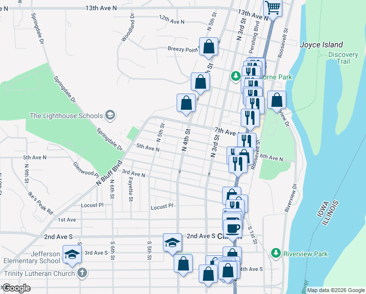 map of restaurants, bars, coffee shops, grocery stores, and more near 426 5th Avenue North in Clinton