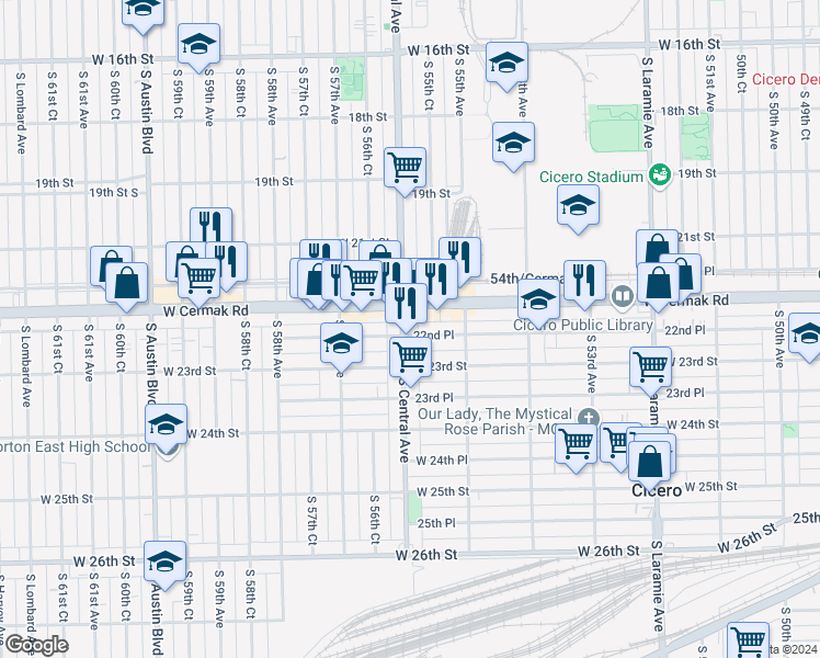 map of restaurants, bars, coffee shops, grocery stores, and more near 5550 West 22nd Place in Cicero
