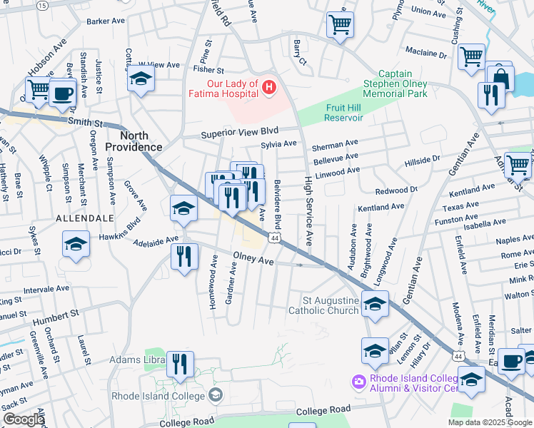 map of restaurants, bars, coffee shops, grocery stores, and more near 25 Wellesley Avenue in North Providence