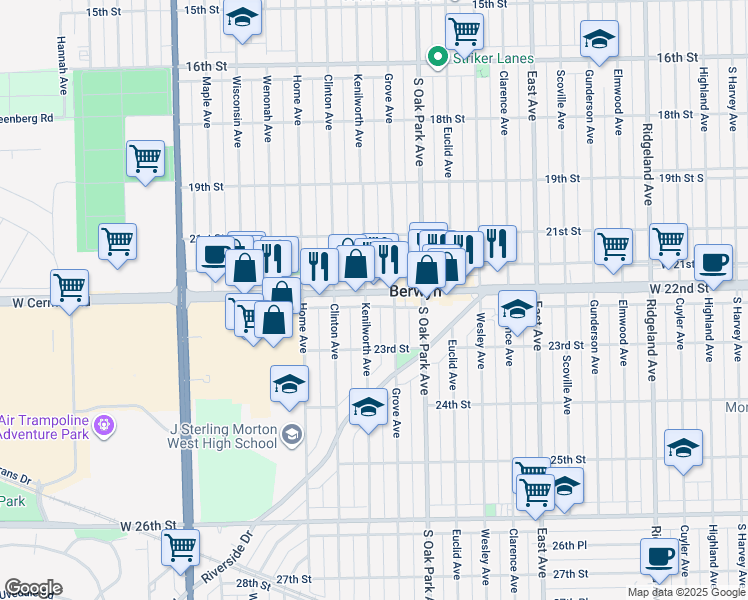 map of restaurants, bars, coffee shops, grocery stores, and more near 2216 Grove Avenue in Berwyn