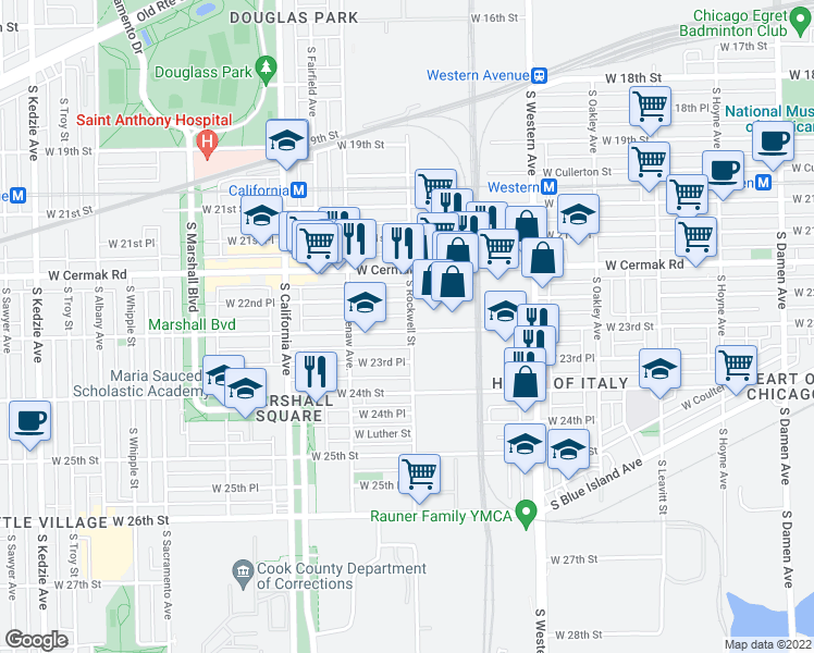 map of restaurants, bars, coffee shops, grocery stores, and more near 2600 West 23rd Street in Chicago