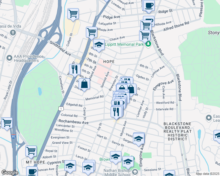 map of restaurants, bars, coffee shops, grocery stores, and more near 133 4th Street in Providence