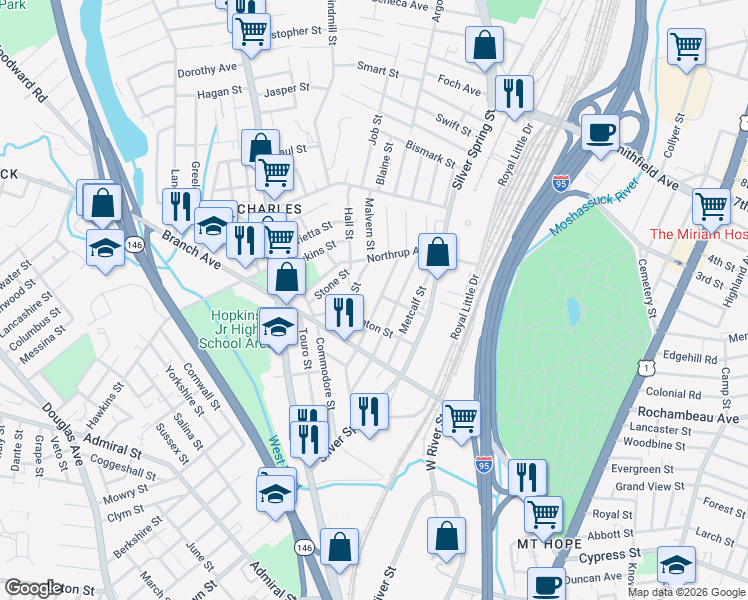 map of restaurants, bars, coffee shops, grocery stores, and more near 65 Ashton Street in Providence