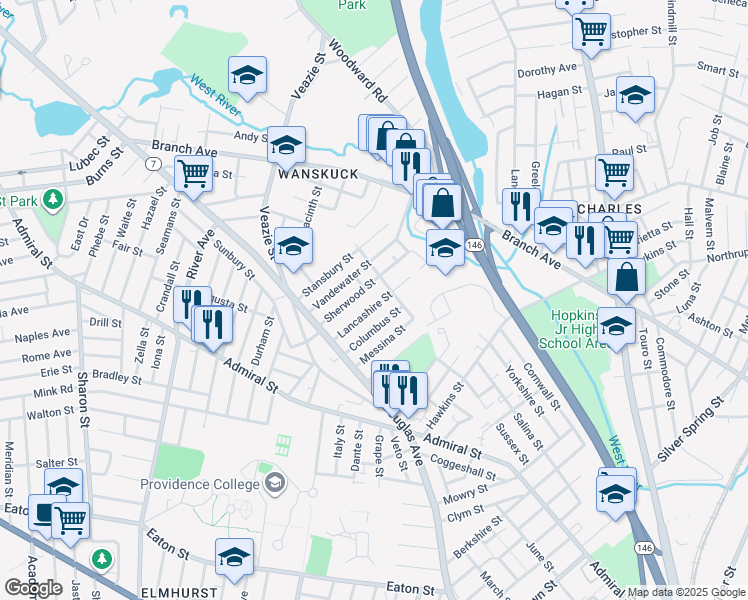map of restaurants, bars, coffee shops, grocery stores, and more near 69 Lancashire Street in Providence