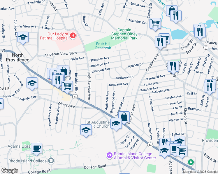 map of restaurants, bars, coffee shops, grocery stores, and more near 55 Audubon Avenue in North Providence