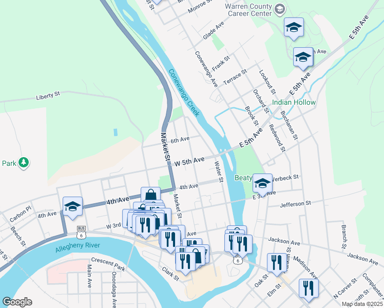 map of restaurants, bars, coffee shops, grocery stores, and more near 24 West 5th Avenue in Warren