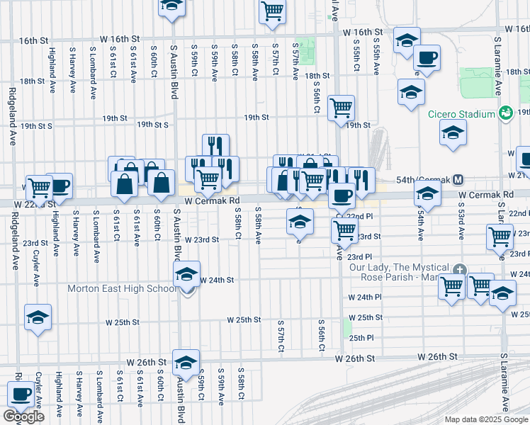 map of restaurants, bars, coffee shops, grocery stores, and more near 5734 22nd Place in Cicero