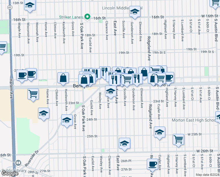 map of restaurants, bars, coffee shops, grocery stores, and more near in Berwyn