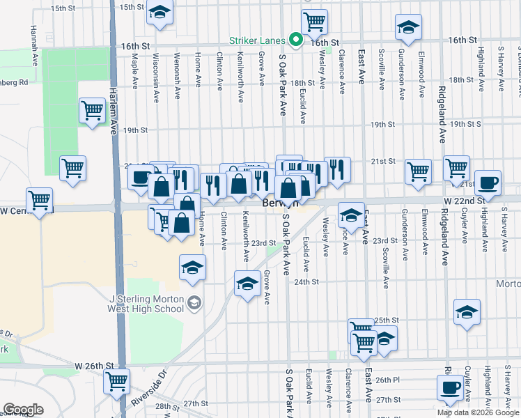 map of restaurants, bars, coffee shops, grocery stores, and more near 2216 Grove Avenue in Berwyn