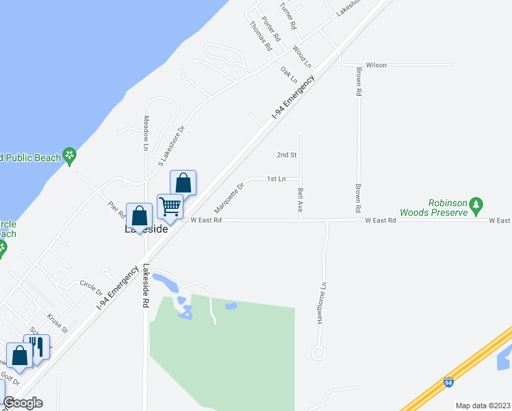 map of restaurants, bars, coffee shops, grocery stores, and more near 8597 West East Road in Three Oaks