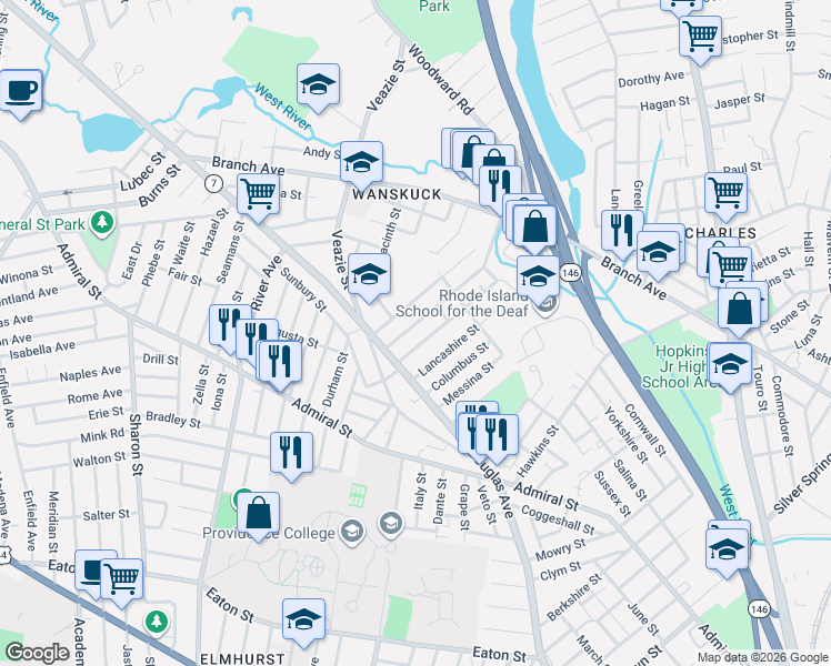 map of restaurants, bars, coffee shops, grocery stores, and more near 41 Sherwood Street in Providence