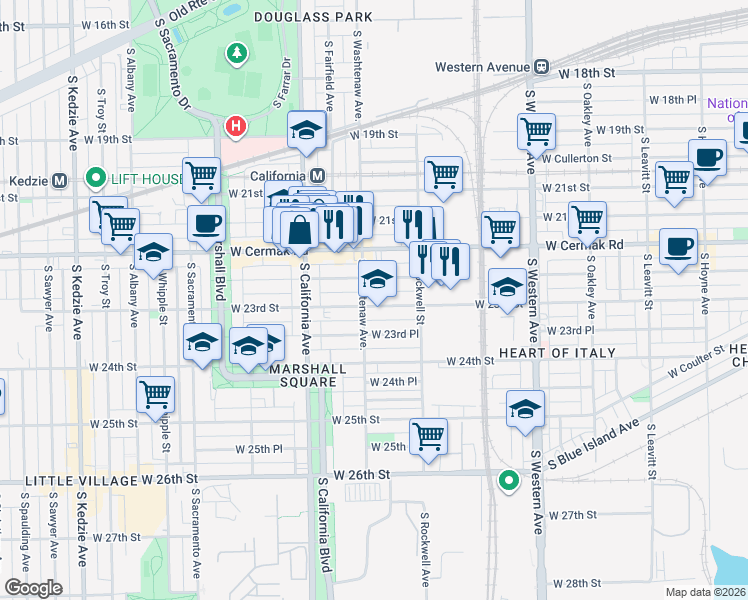 map of restaurants, bars, coffee shops, grocery stores, and more near 2650 West 23rd Street in Chicago