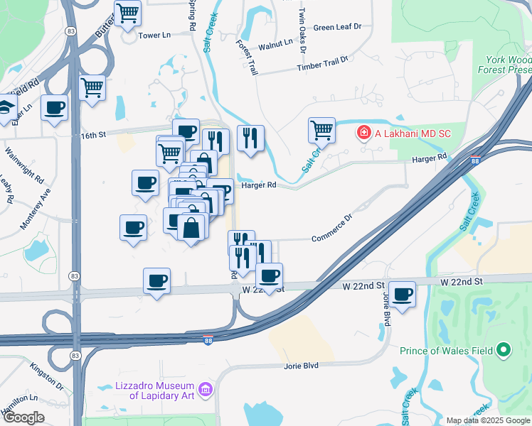 map of restaurants, bars, coffee shops, grocery stores, and more near 2001 Spring Road in Oak Brook