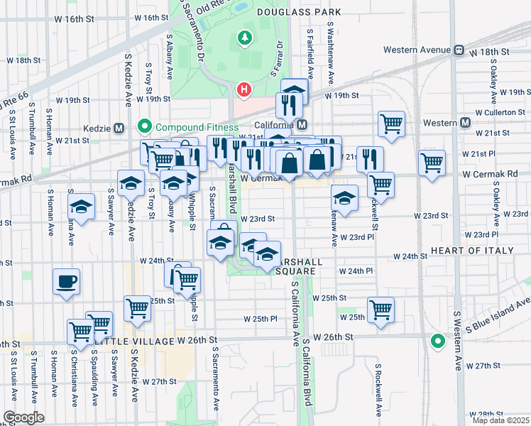 map of restaurants, bars, coffee shops, grocery stores, and more near 2853 West 23rd Street in Chicago