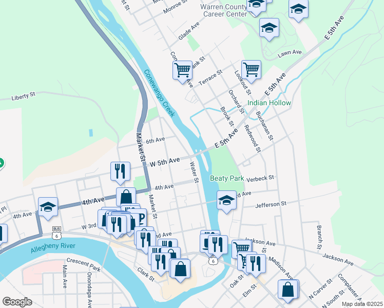 map of restaurants, bars, coffee shops, grocery stores, and more near 500 Water Street in Warren