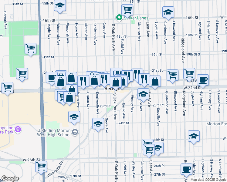 map of restaurants, bars, coffee shops, grocery stores, and more near 6801 Cermak Road in Berwyn