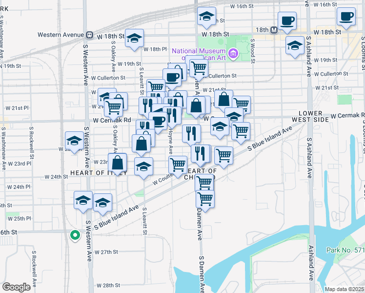 map of restaurants, bars, coffee shops, grocery stores, and more near 2309 South Hoyne Avenue in Chicago