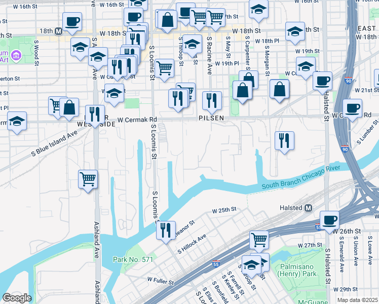 map of restaurants, bars, coffee shops, grocery stores, and more near 2247 South Throop Street in Chicago