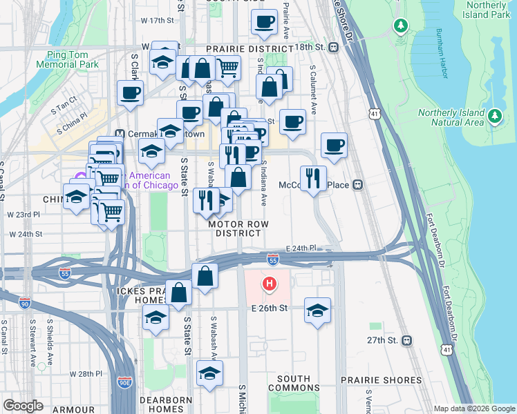 map of restaurants, bars, coffee shops, grocery stores, and more near 2334 South Indiana Avenue in Chicago