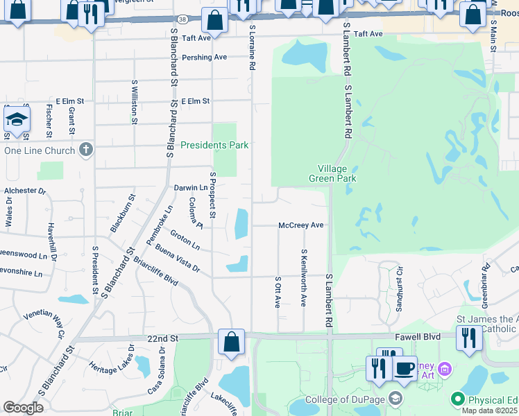 map of restaurants, bars, coffee shops, grocery stores, and more near 208 McCreey Avenue in Glen Ellyn