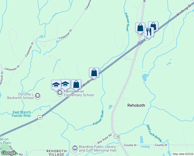 map of restaurants, bars, coffee shops, grocery stores, and more near 285 Winthrop Street in Rehoboth