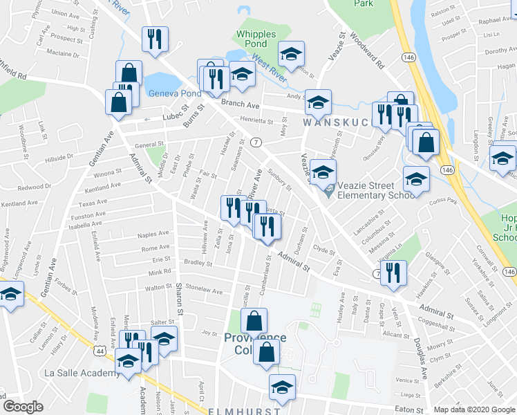 map of restaurants, bars, coffee shops, grocery stores, and more near 43 Gloucester Street in Providence