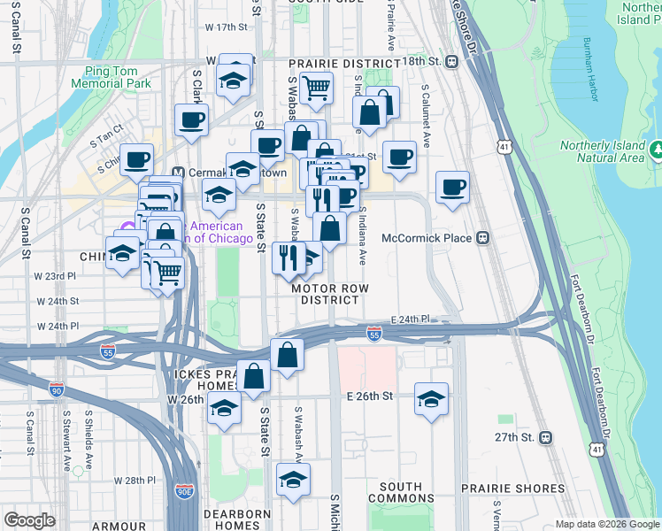 map of restaurants, bars, coffee shops, grocery stores, and more near 2314 Michigan Avenue in Chicago