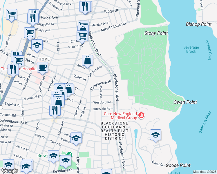 map of restaurants, bars, coffee shops, grocery stores, and more near 65 Harwich Road in Providence