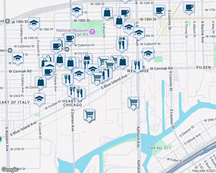 map of restaurants, bars, coffee shops, grocery stores, and more near 2287 South Blue Island Avenue in Chicago